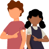 Illustration of two children pointing to the bandaids on heir arm where they have been vaccinated. One which points to his left arm, the other child points to their right arm